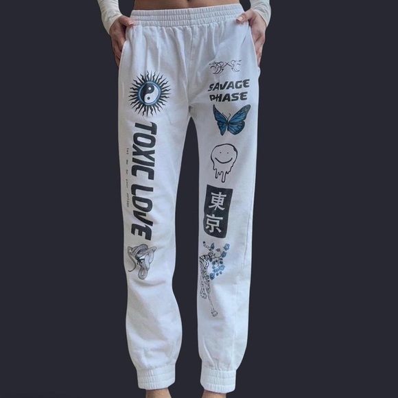 Adika White Graphic Joggers with Blue Accents - Picture 1 of 5